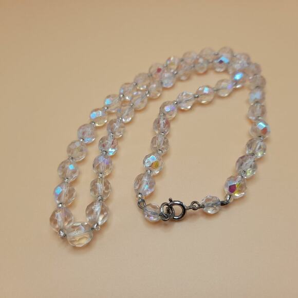 Vintage Clear Fire Polished Czech Bead Necklace, 19 Inch, 8mm AB Clear Crystal - Picture 8 of 10